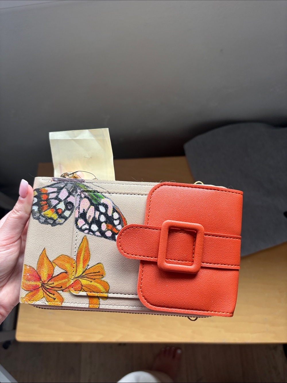 Hand painted Floral Butterfly Crossbody Bag with Orange Accent